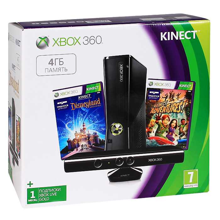 Microsoft xbox 360 slim 4gb + сенсор движения kinect + игра kinect adventures (s4g-00014) - купить , скидки, цена, отзывы, обзор, характеристики - игровые приставки